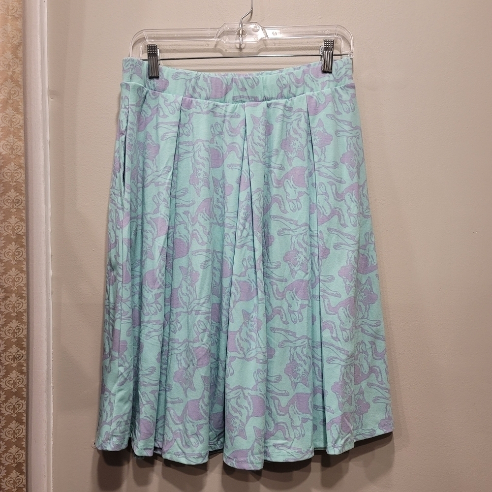 Sz L LuLaRoe Madison Skirt German Shepherd Print Mint Lavender Box Pleat A-Line - Picture 3 of 11